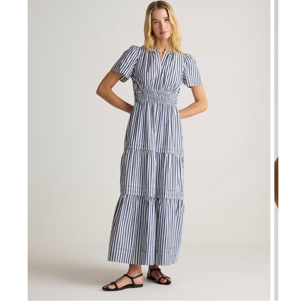 Quince Organic Cotton Tiered Maxi Dress Navy White Stripe Smocked Waist M